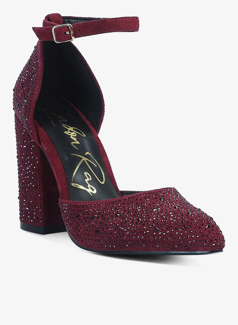 London Rag Burgundy Microfiber Diamante Block Heeled Sandal in Burgundy for Women | Best Price UAE