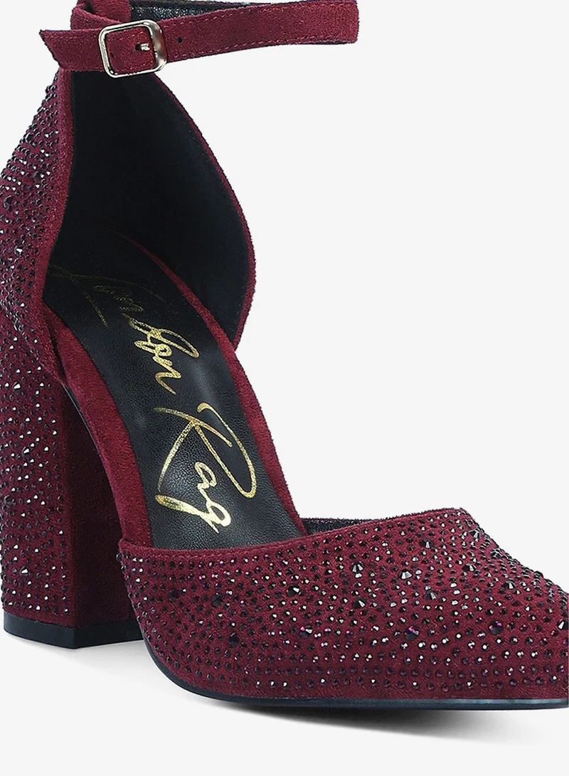 London Rag Burgundy Microfiber Diamante Block Heeled Sandal in Burgundy for Women | Best Price UAE