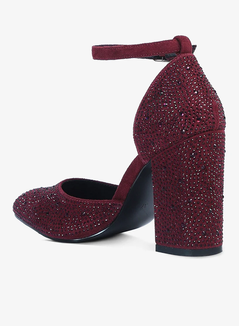 London Rag Burgundy Microfiber Diamante Block Heeled Sandal in Burgundy for Women | Best Price UAE
