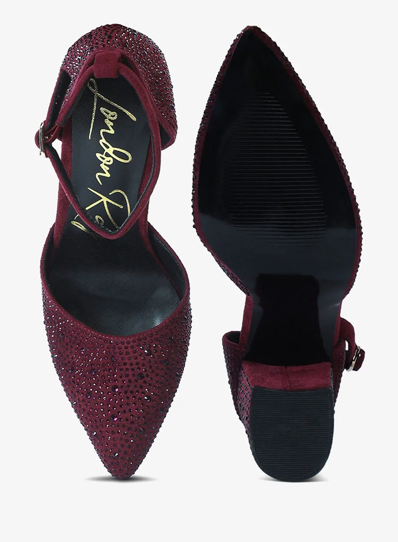 London Rag Burgundy Microfiber Diamante Block Heeled Sandal in Burgundy for Women | Best Price UAE