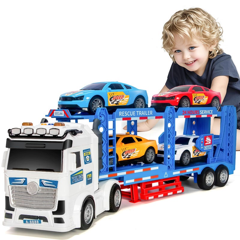 Bstoyder Toddler Boy Toys for 3 4 5 6 7 Years Kids 21 Double Layer Race Truck Toy with 4 Racing Cars Friction Powered Vehical Toys with Lights and Sounds Birthday for Boy GirlsBlue - Image 3