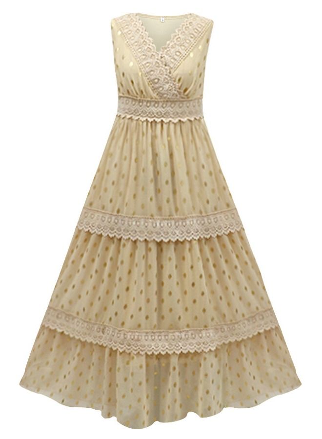 Loquat Deep V Pleated Dress Gold  - Image 1