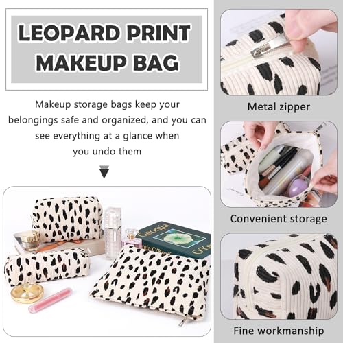 Gocvo 3 Pcs Makeup Bag Cosmetic Bag Set for Girls Women Travel Organizer Bathroom Toiletry Pouch Large Capacity Storage Bag (Leopard Beige) - Image 3