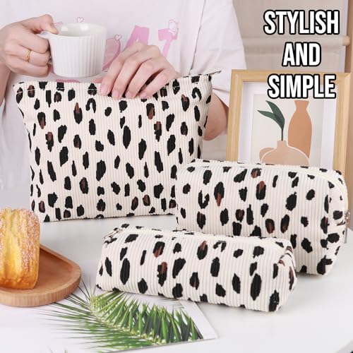 Gocvo 3 Pcs Makeup Bag Cosmetic Bag Set for Girls Women Travel Organizer Bathroom Toiletry Pouch Large Capacity Storage Bag (Leopard Beige) - Image 4