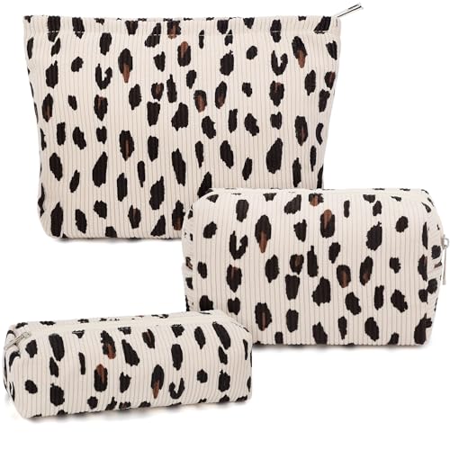 Gocvo 3 Pcs Makeup Bag Cosmetic Bag Set for Girls Women Travel Organizer Bathroom Toiletry Pouch Large Capacity Storage Bag (Leopard Beige) - Image 1