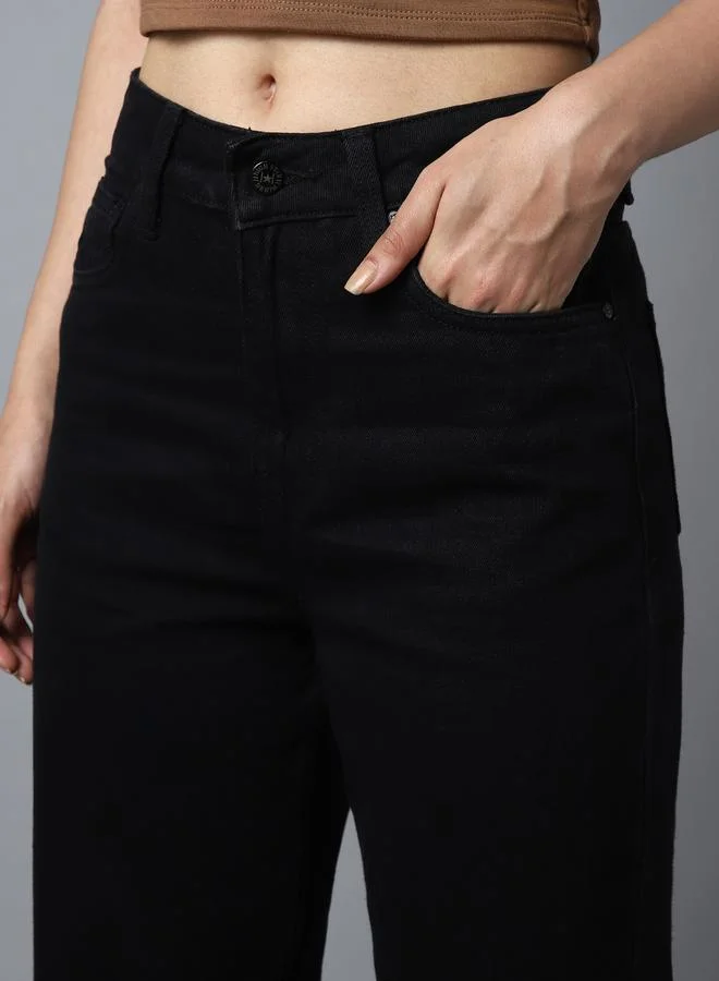 HIGH STAR Women's Black 100% Cotton Solid Pattern Full Length Straight Fit Jeans