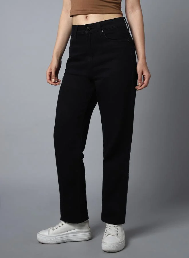 HIGH STAR Women's Black 100% Cotton Solid Pattern Full Length Straight Fit Jeans