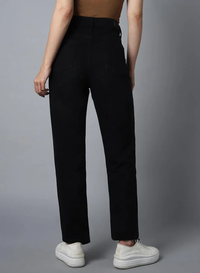 HIGH STAR Women's Black 100% Cotton Solid Pattern Full Length Straight Fit Jeans