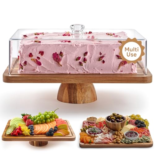 HOMESPHERE Acacia Wood Cake Stand with Lid - Rectangular Cake Holder, 2-in-1 Dessert Table Display Set & Charcuterie Board for Cheese, Chips, Fruit Platter, Large Acrylic Cake Dome Cover, No Glass - Image 1