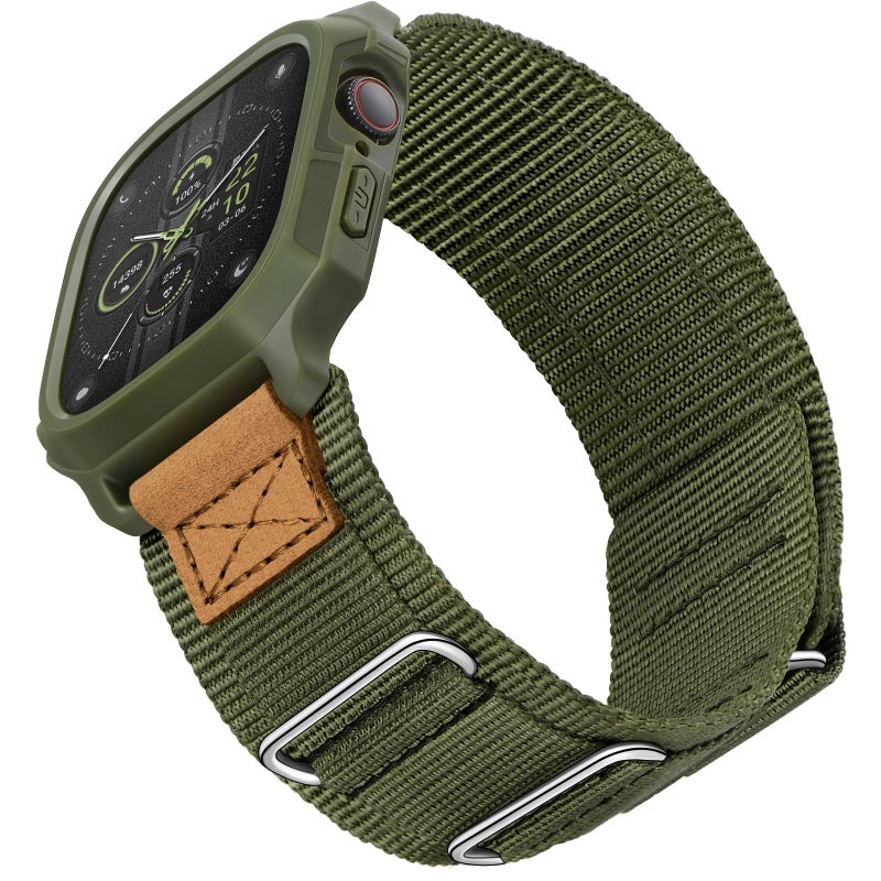 SUNFWR Bands Compatible with Apple Watch 44mm 45mm with Case,Rugged Velcro Sport Apple Watch Strap with Protective Cover for iwatch Series 9/8/7/6/5/4/SE for Men(Army green) - Image 1