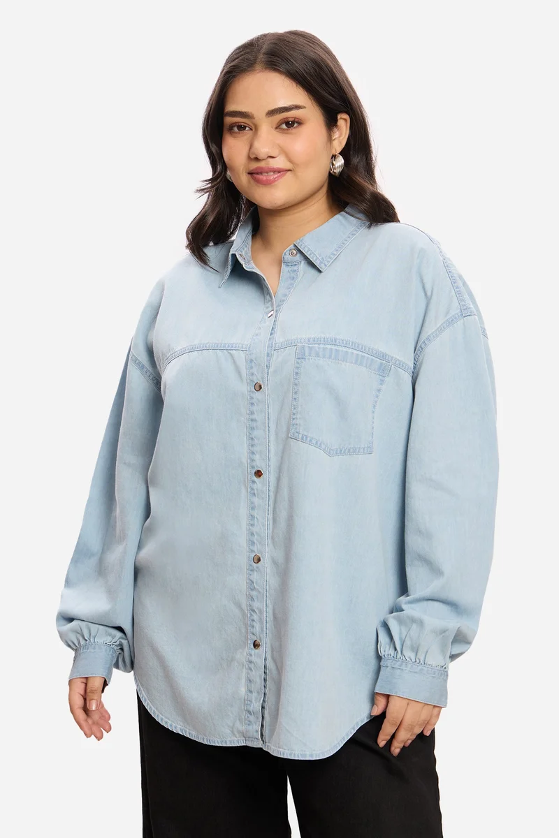 فيرجيو Solid Cotton Relaxed Denim Plus Size Shirt for Women