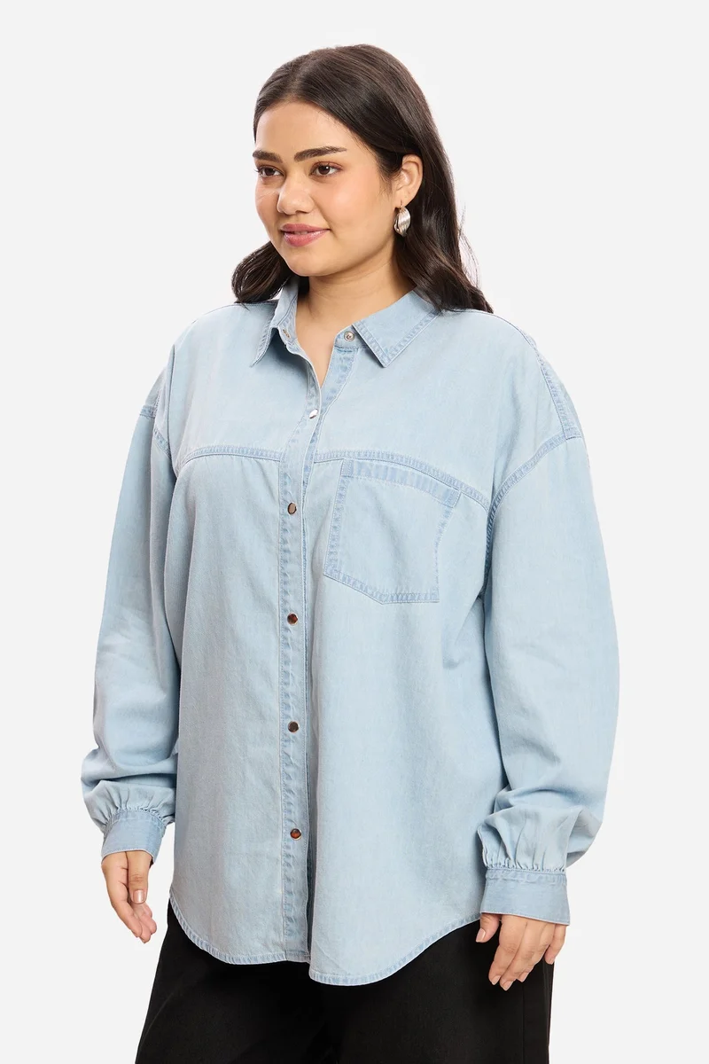 Virgio  Solid Cotton Relaxed Denim Plus Size Shirt for Women for Women | Best Price UAE