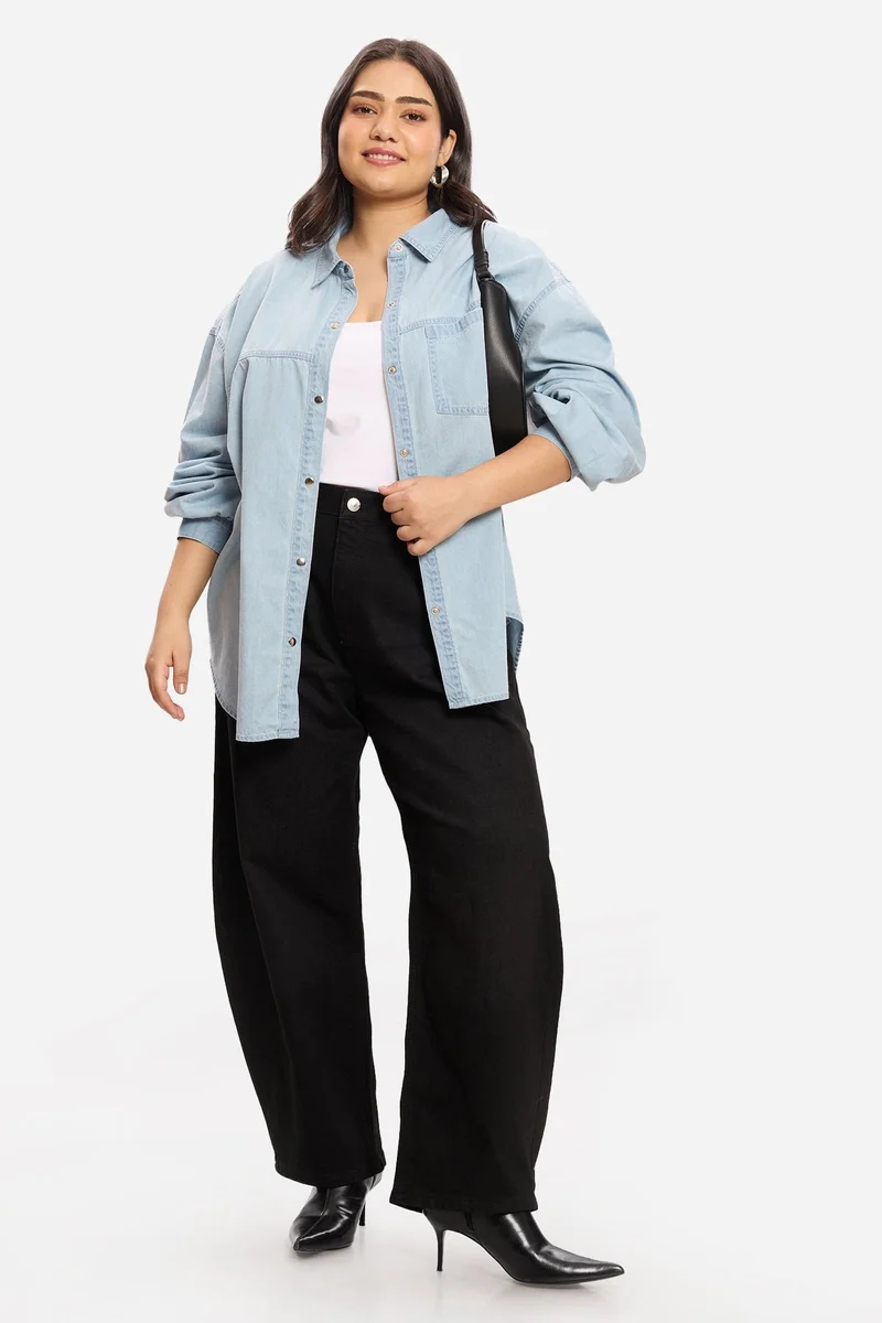 فيرجيو Solid Cotton Relaxed Denim Plus Size Shirt for Women