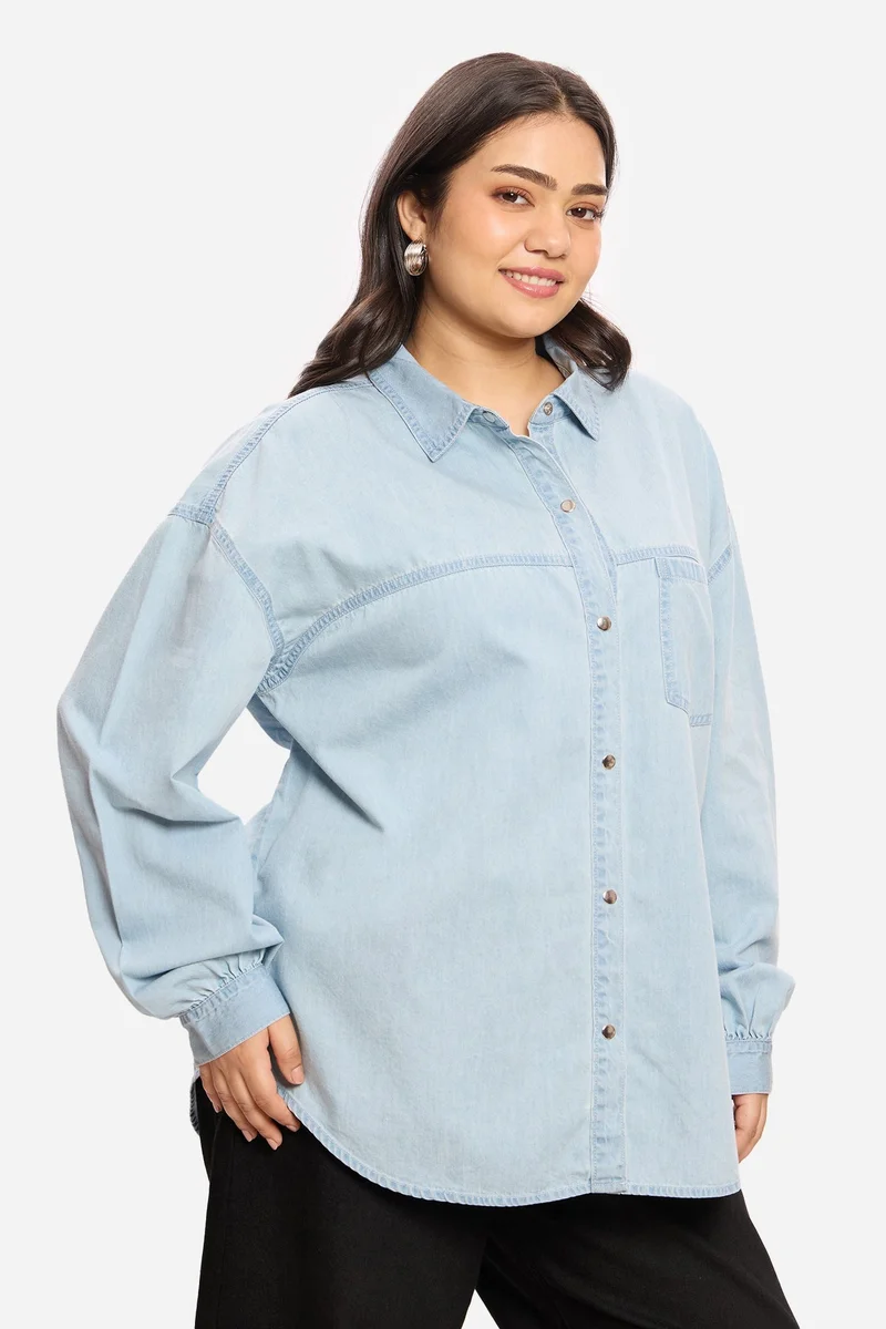 Virgio  Solid Cotton Relaxed Denim Plus Size Shirt for Women for Women | Best Price UAE