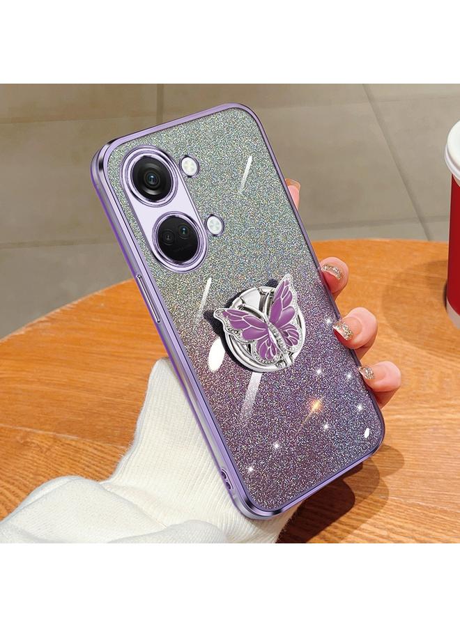 Zaboon For OnePlus Ace 2V Plated Gradient Glitter Butterfly Holder TPU Phone Case(Purple)