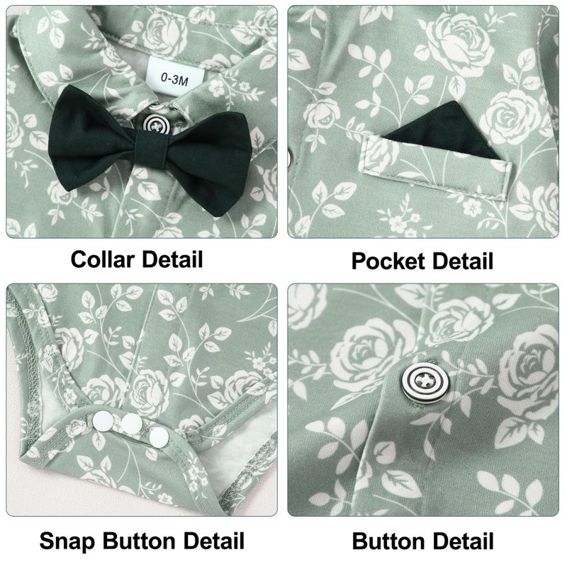 YALLET Baby Boy Clothes Suit, Infant Gentleman Outfits Printed Dress Shirt+Bowtie+Beret Hat+Detachable Suspender Pants 0-18M - Image 2