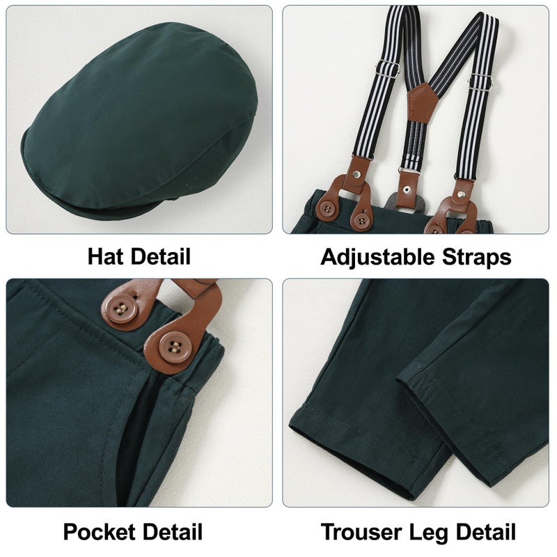 YALLET Baby Boy Clothes Suit, Infant Gentleman Outfits Printed Dress Shirt+Bowtie+Beret Hat+Detachable Suspender Pants 0-18M - Image 5