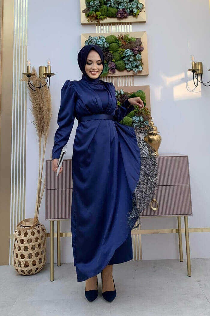 Bym Fashion Bym Skirt Tassel Detail Belt Accessory Satin Evening Dress 3763 Navy Blue - Image 1