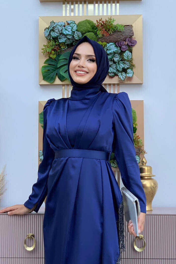 Bym Fashion Bym Skirt Tassel Detail Belt Accessory Satin Evening Dress 3763 Navy Blue - Image 4