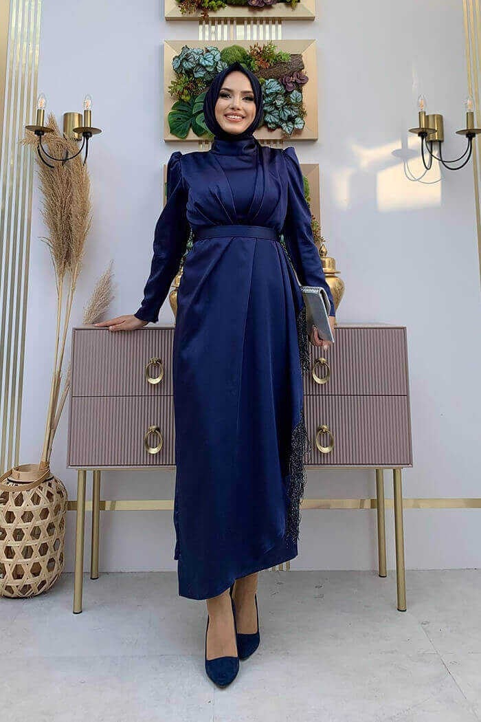 Bym Fashion Bym Skirt Tassel Detail Belt Accessory Satin Evening Dress 3763 Navy Blue - Image 2