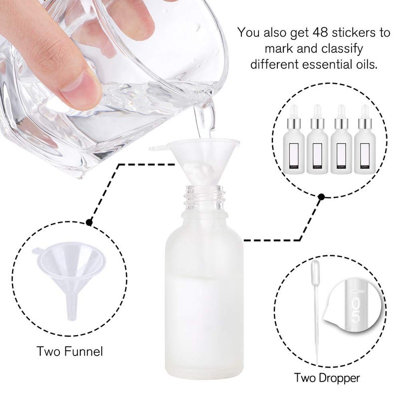 PrettyCare Eye Dropper Bottles 1oz 4 Pack (Frosted Glass Bottle 30ml with Sliver Caps, 12 Lables & Funnel) Cosmetic Sample Container for Essential Oils, Perfume - Image 4