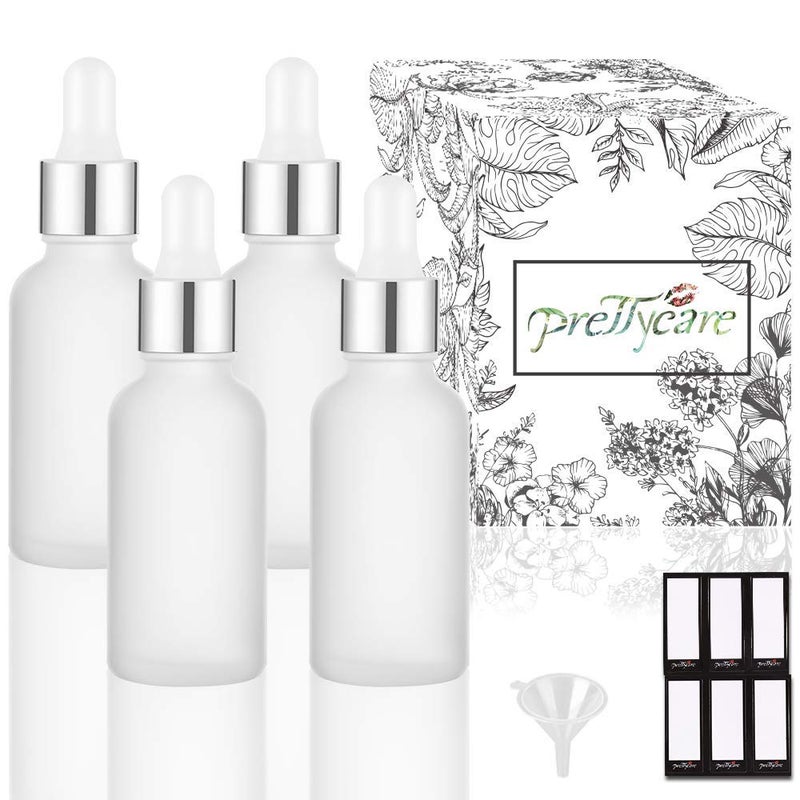 PrettyCare Eye Dropper Bottles 1oz 4 Pack (Frosted Glass Bottle 30ml with Sliver Caps, 12 Lables & Funnel) Cosmetic Sample Container for Essential Oils, Perfume - Image 1