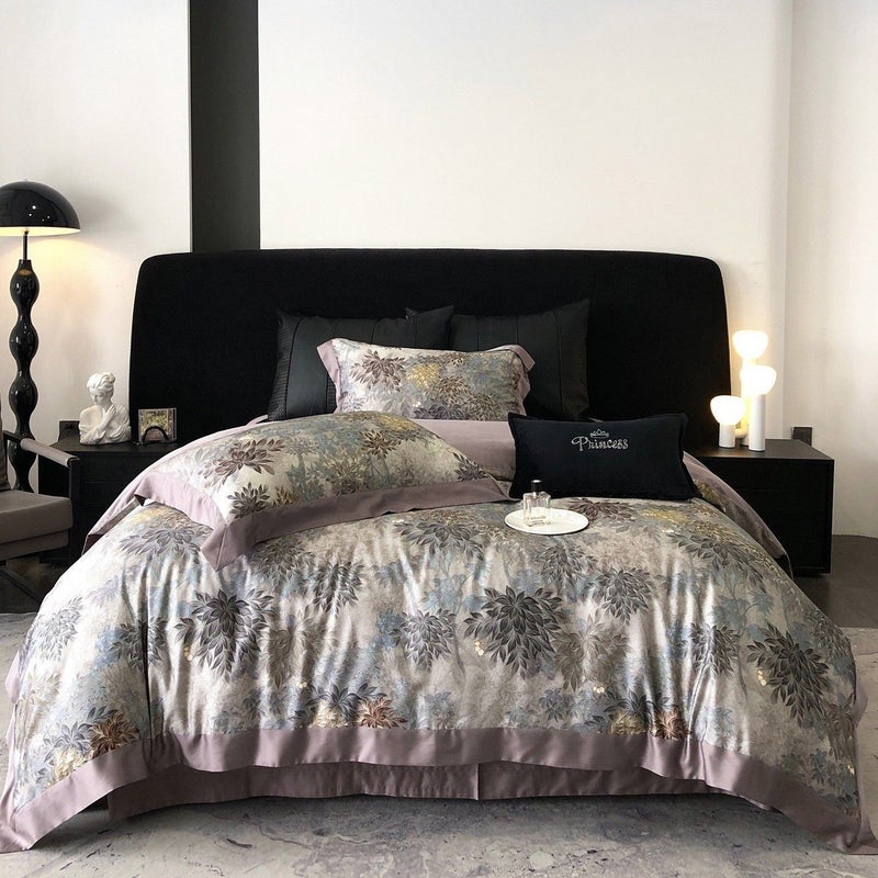Premium Vintage Style 100S Long-Staple Cotton Bedding Set - All-Season Gray Floral Pattern - Image 1