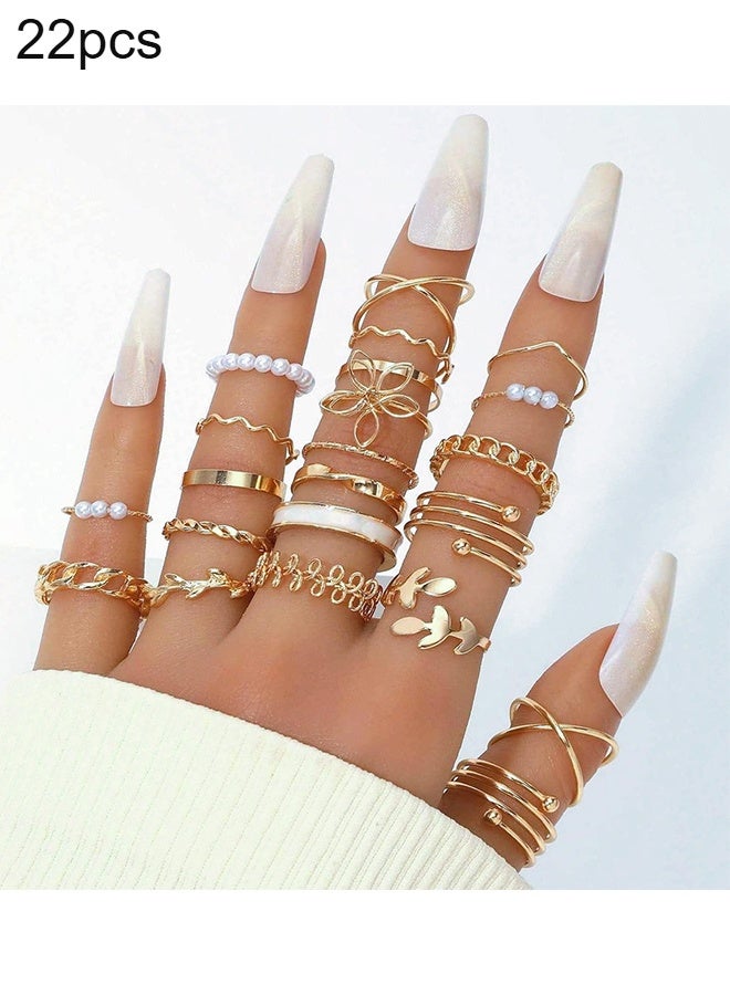 هابي دي مجموعة خواتم معدنية عصرية مكونة من 22 قطعة للنساء، تشمل أزهارًا وأوراقًا ولآلئ صناعية، مناسبة للاستخدام اليومي، والمواعدة، والحفلات، والهدايا - Image 1