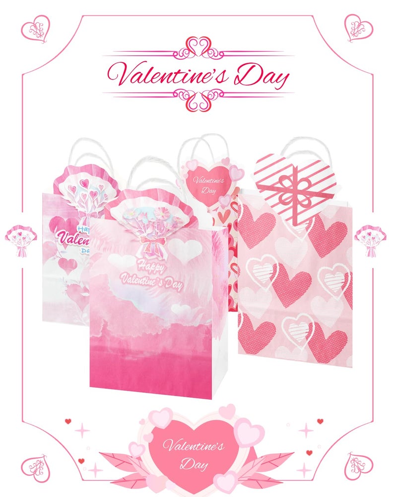 qiqee 48PCS Valentine Paper Bags with Handles Bulk 8.3"x6"x3.15" Heart Pink Gift Bags 4 Different Designs Bags Multiple Uses (Small Size) - Image 2