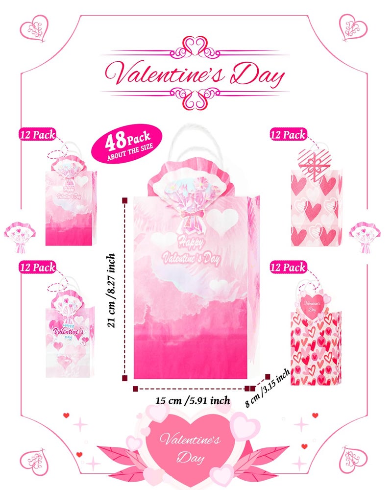 qiqee 48PCS Valentine Paper Bags with Handles Bulk 8.3"x6"x3.15" Heart Pink Gift Bags 4 Different Designs Bags Multiple Uses (Small Size) - Image 4