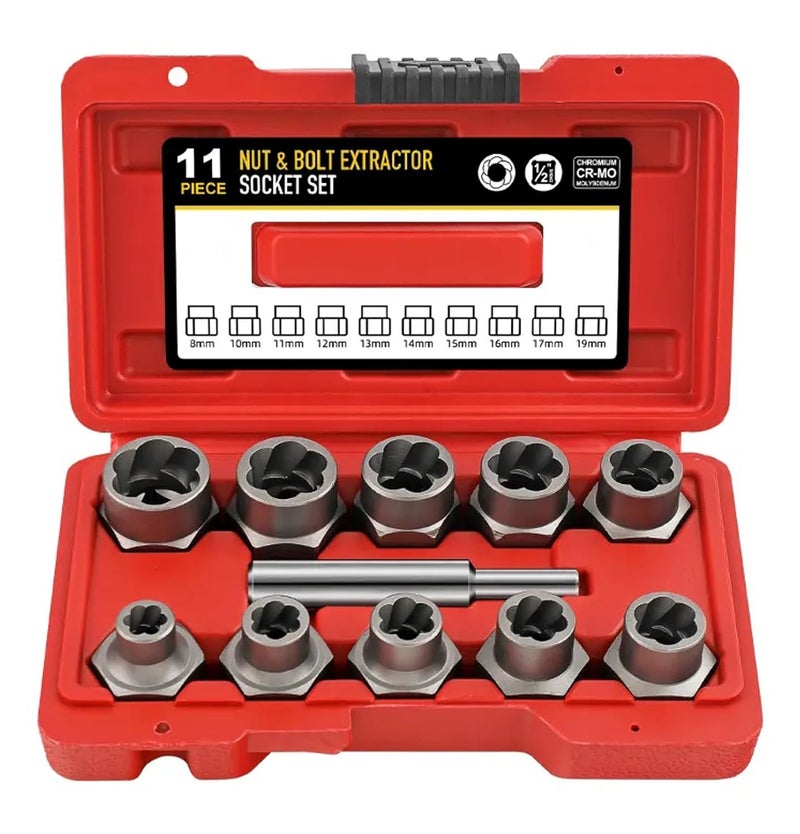 JPT Bolt Extractor Set,11Pcs Impact Bolt & Nut Remover Set,3/8'' Drive Extraction Socket Set,Cr-Mo Steel (11 PCS EXTRACTOR SET RED) - Image 1
