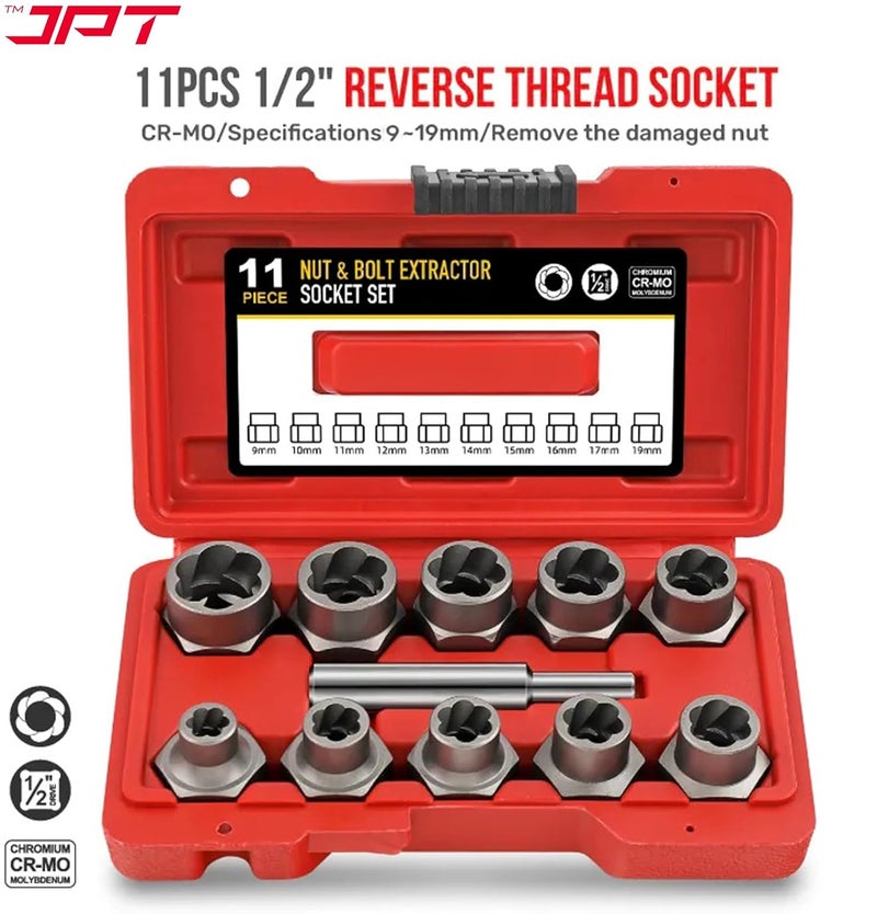 JPT Bolt Extractor Set,11Pcs Impact Bolt & Nut Remover Set,3/8'' Drive Extraction Socket Set,Cr-Mo Steel (11 PCS EXTRACTOR SET RED) - Image 2