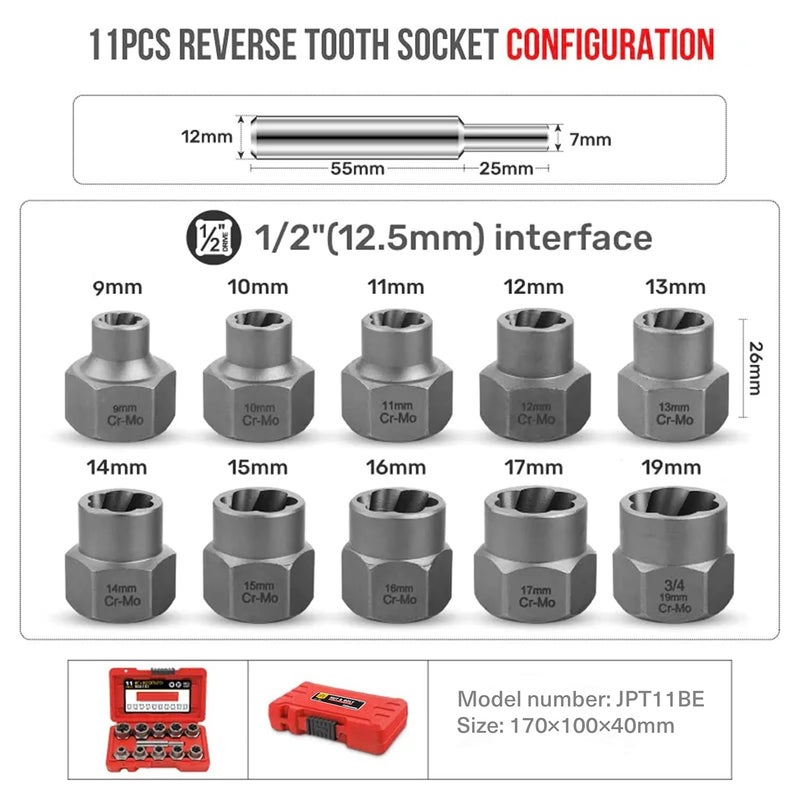 JPT Bolt Extractor Set,11Pcs Impact Bolt & Nut Remover Set,3/8'' Drive Extraction Socket Set,Cr-Mo Steel (11 PCS EXTRACTOR SET RED) - Image 4