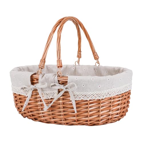 UoeRing Large Wicker Picnic Basket with HandlesHandle Sturdy Woven Body with Removable and Washable LiningOutdoor CampingGift PackingGarden Picking StorageWhite Flower - Image 1