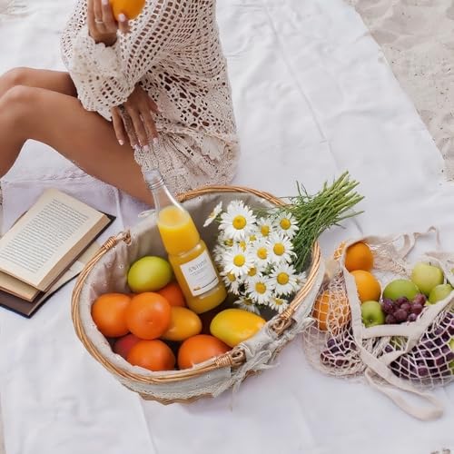 UoeRing Large Wicker Picnic Basket with HandlesHandle Sturdy Woven Body with Removable and Washable LiningOutdoor CampingGift PackingGarden Picking StorageWhite Flower - Image 3
