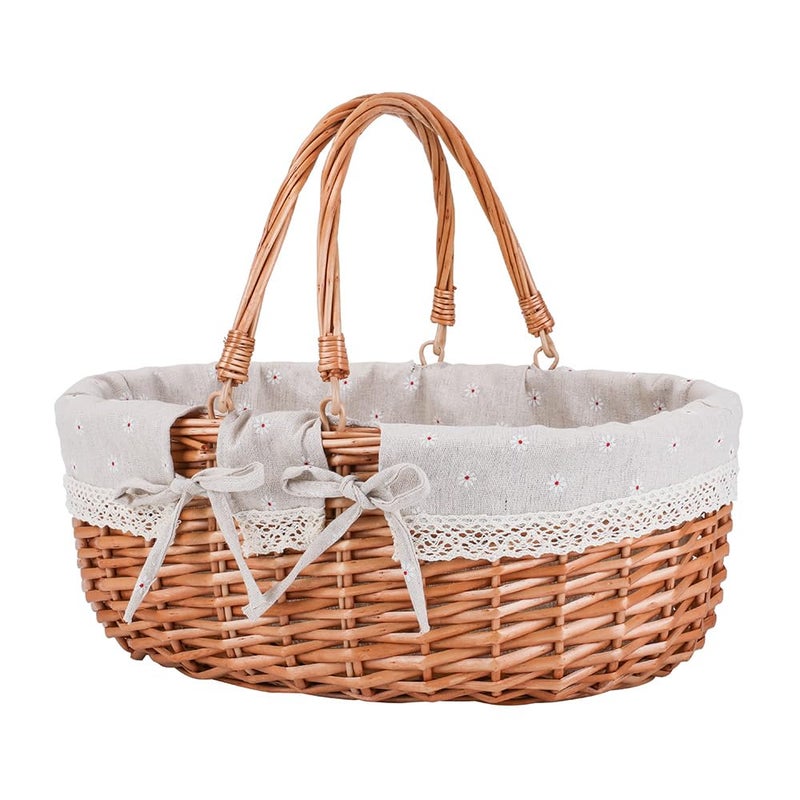 UoeRing Large Wicker Picnic Basket with HandlesHandle Sturdy Woven Body with Removable and Washable LiningOutdoor CampingGift PackingGarden Picking StorageWhite Flower - Image 2