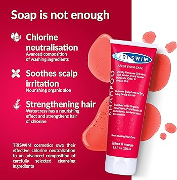 TRISWIM Chlorine Removal Shampoo After Swim Care Moisturising AntiChlorine Vegan Shampoo For Swimmers Removes Green Tint Lychee Mango 250ml - Image 4