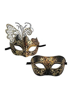 The Bros 2 Pcs Masquerade Masks Set, Venetian Masquerade Mask Set, Lace And Painted Pattern Half Face Dress Up, Party Costume Accessories, Retro Halloween, Couple Mask Carnival, Silver  - Image 1
