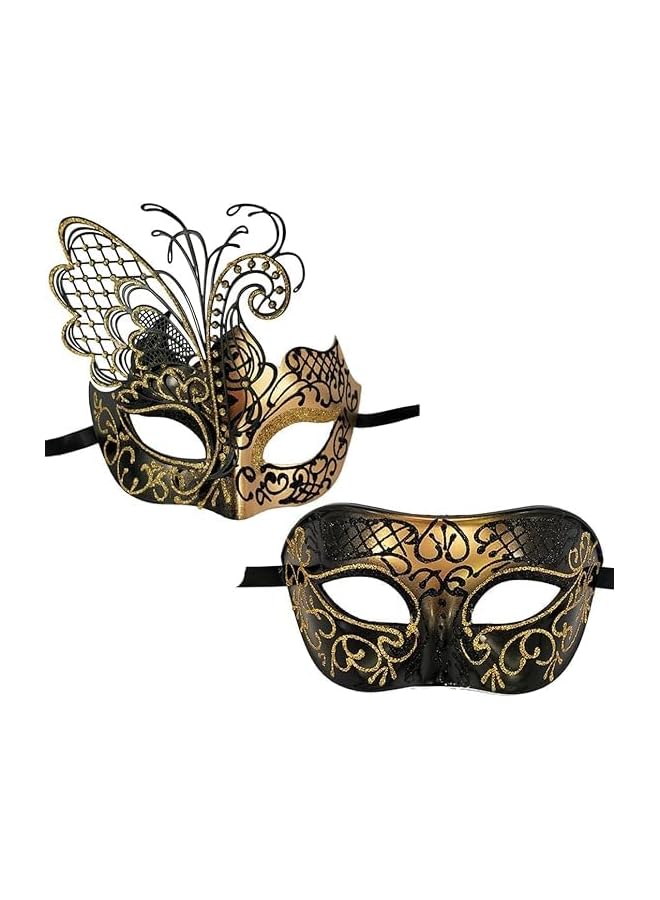 The Bros 2 Pcs Masquerade Masks Set, Venetian Masquerade Mask Set, Lace And Painted Pattern Half Face Dress Up, Party Costume Accessories, Retro Halloween, Couple Mask Carnival, Silver  - Image 1