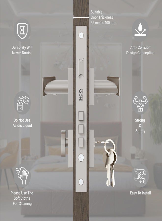 GLOXY Zinc Mortise Door Locks for Main Door | Bedroom Door | Door Lock Handle Set with Brass Lock Body Set with 3 Key | Main Door Locks for Home,Kitchen | Satin Finish (2 Years Warranty, Pack of 1) - Image 2