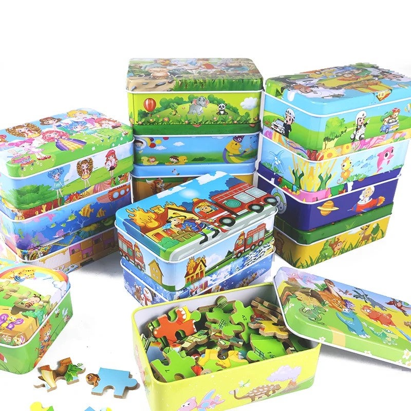Bluejw 60 Pieces Cartoon Wooden Puzzle Early Educational Iron Box Jigsaw Puzzles Game Toy for Children - Image 3