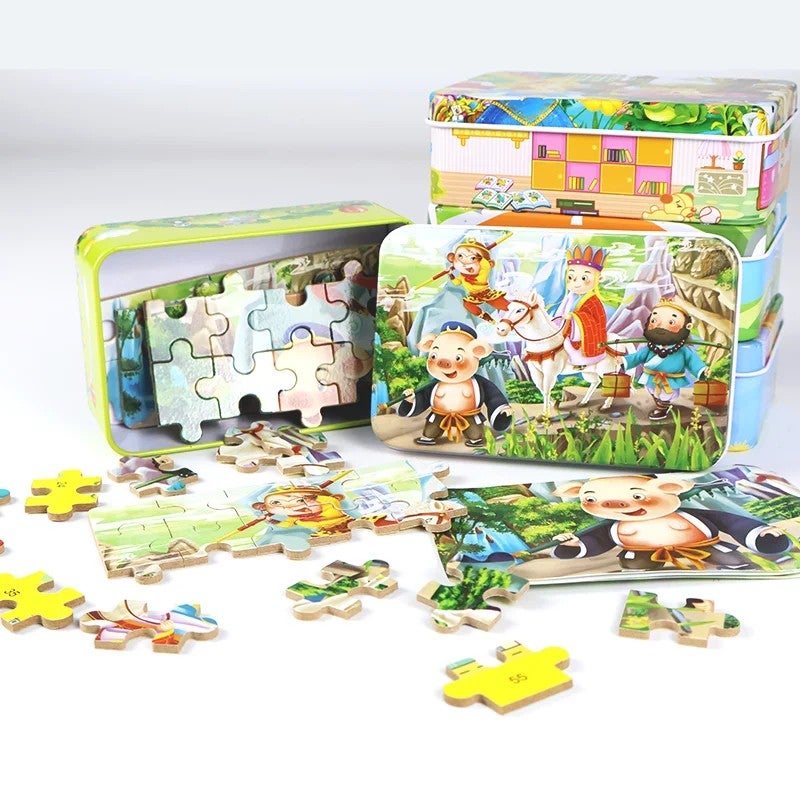 Bluejw 60 Pieces Cartoon Wooden Puzzle Early Educational Iron Box Jigsaw Puzzles Game Toy for Children - Image 5