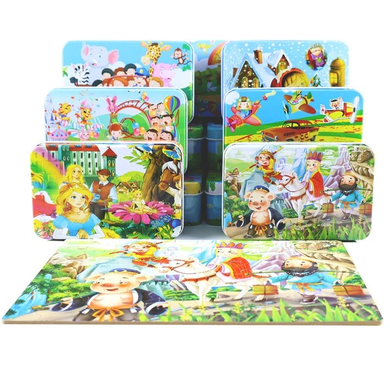 Bluejw 60 Pieces Cartoon Wooden Puzzle Early Educational Iron Box Jigsaw Puzzles Game Toy for Children - Image 1