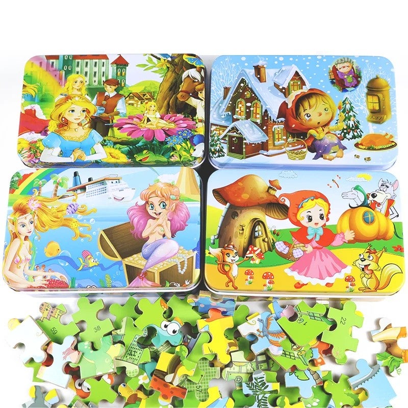 Bluejw 60 Pieces Cartoon Wooden Puzzle Early Educational Iron Box Jigsaw Puzzles Game Toy for Children - Image 2