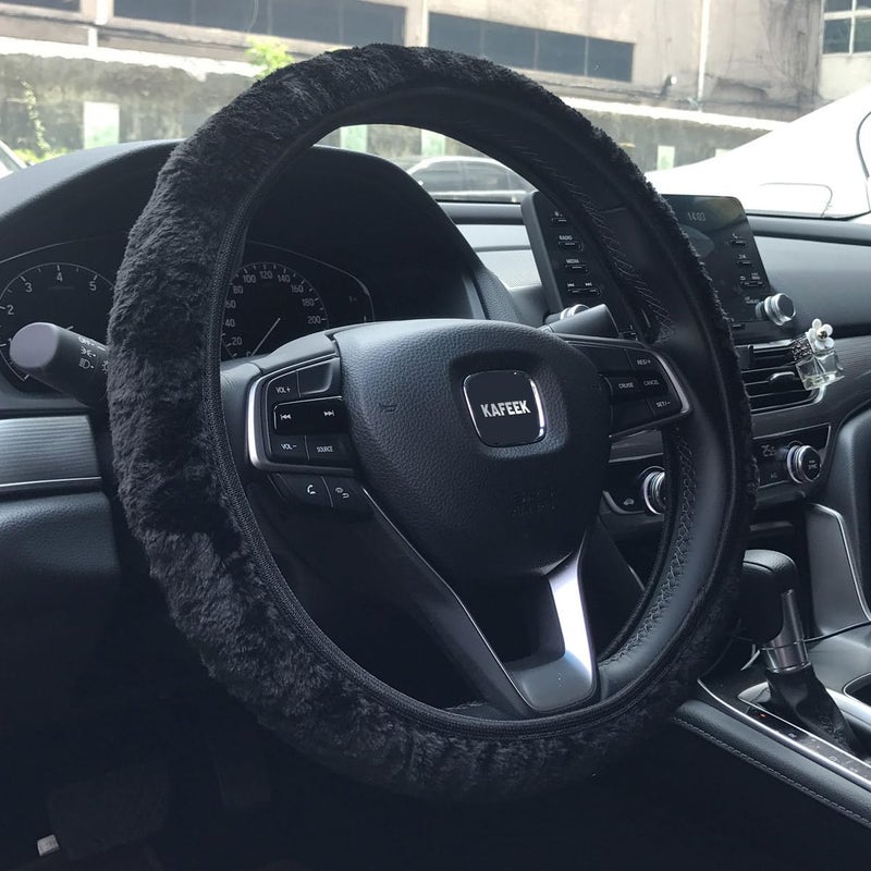 KAFEEK Elastic Long Microfiber Plush Steering Wheel Cover for Winter Warm Universal 15 inch AntiSlip Odorless Black