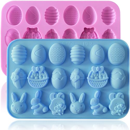 HKNMTT Easter Silicone Candy Mold 2-PACK 9 Shaped Egg Rabbit 72 Cavities Chocolate Mould Wax Melt Tray for Gummies Cupcake Decor Kids Holiday Gift Fudge Making Set - Image 1