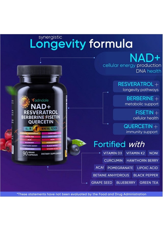 متجر أدندال مكمل أدنديال NAD. تركيبة لإطالة العمر مع ليبوسومال NAD+، ريسفيراترول ترانس، كيرسيتين، بربارين، بيتايين لا مائي، بذور العنب، فيسيتين. مكمل NAD ريسفيراترول مع بربارين، 90 كبسولة. - Image 3