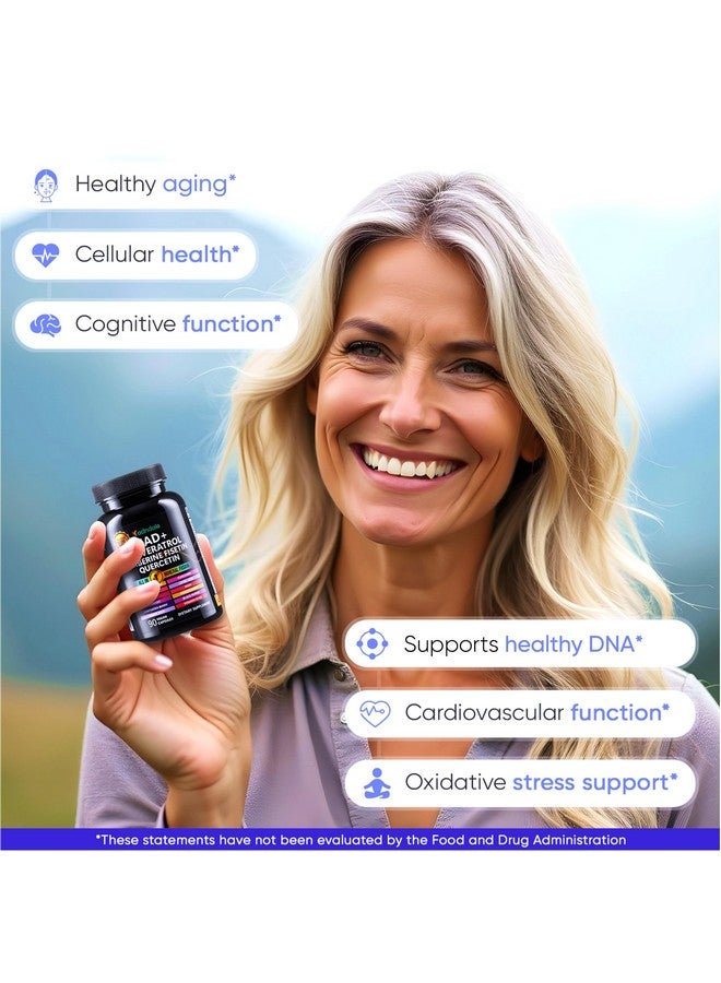 متجر أدندال مكمل أدنديال NAD. تركيبة لإطالة العمر مع ليبوسومال NAD+، ريسفيراترول ترانس، كيرسيتين، بربارين، بيتايين لا مائي، بذور العنب، فيسيتين. مكمل NAD ريسفيراترول مع بربارين، 90 كبسولة. - Image 2