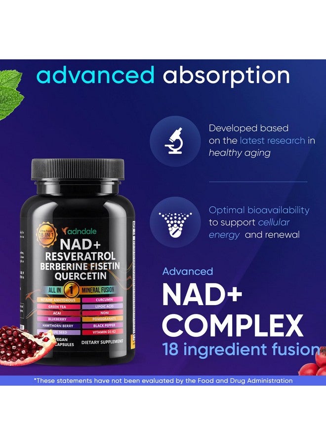متجر أدندال مكمل أدنديال NAD. تركيبة لإطالة العمر مع ليبوسومال NAD+، ريسفيراترول ترانس، كيرسيتين، بربارين، بيتايين لا مائي، بذور العنب، فيسيتين. مكمل NAD ريسفيراترول مع بربارين، 90 كبسولة. - Image 4