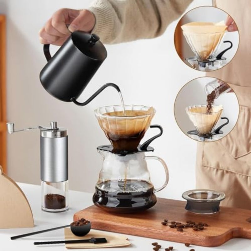 مجموعة القهوة V60، ماكينة صنع القهوة بالتنقيط الكل في واحد مكونة من 13 قطعة مع إبريق زجاجي سعة 600 مل، وغلاية معقوفة، ومطحنة يدوية، ومقياس، وحقيبة سفر - Image 2